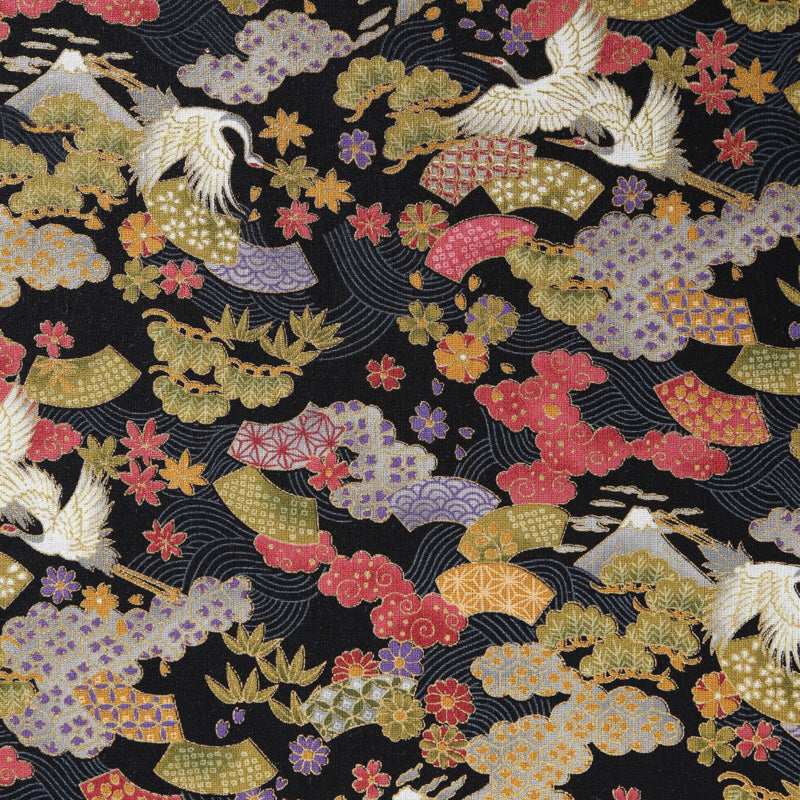 Flying Cranes and Fans Traditional Japanese Cotton Sheeting 2000-76