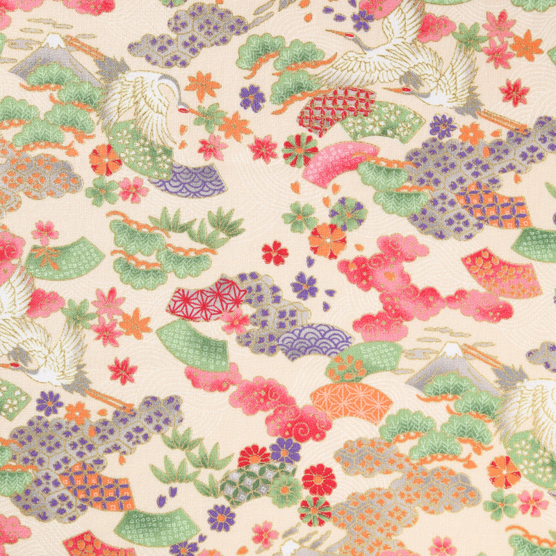 Flying Cranes and Fans Traditional Japanese Cotton Sheeting 2000-76