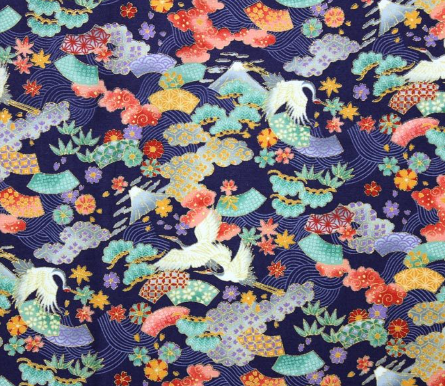 Flying Cranes and Fans Traditional Japanese Cotton Sheeting 2000-76